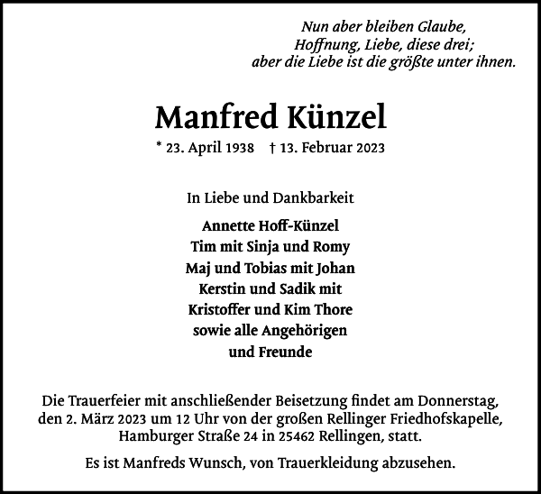 Manfred Künzel: Traueranzeige : Pinneberger Tageblatt