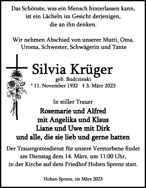 Silvia Krüger : Traueranzeige : Güstrower Anzeiger