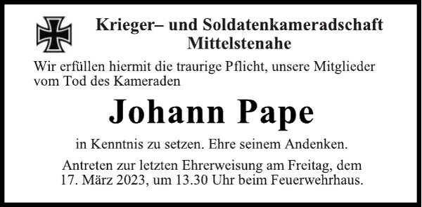 Johann Pape Gedenken NiederelbeZeitung