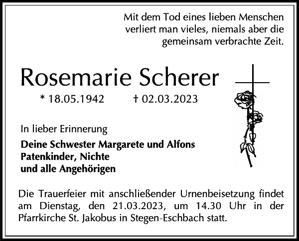 Rosemarie Scherer Traueranzeige Badische Zeitung