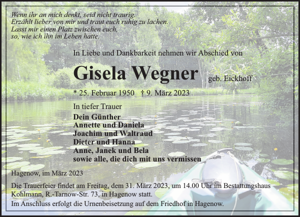 Gisela Wegner Traueranzeige Hagenower Kreisblatt