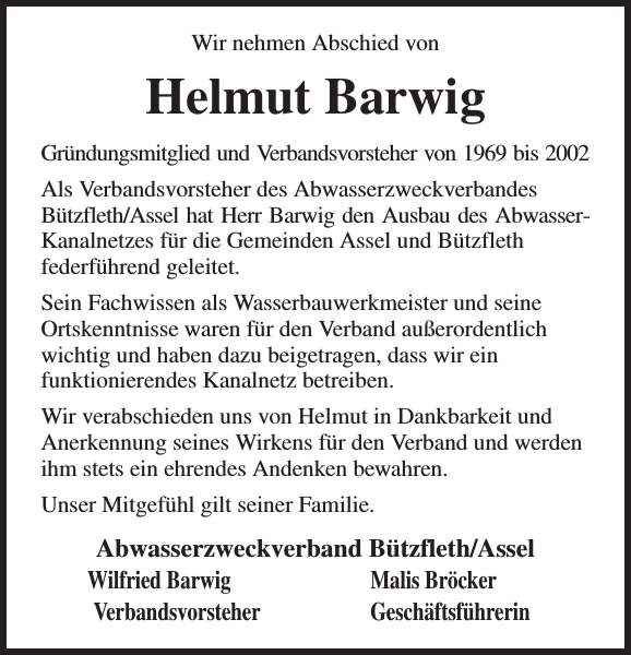 Helmut Barwig Nachruf Stader Tageblatt