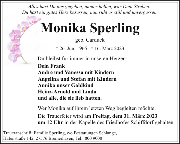Monika Sperling Gedenken Nordsee Zeitung