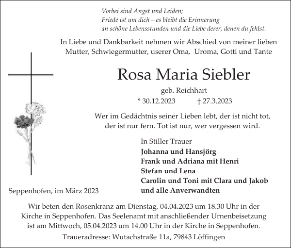 Rosa Maria Siebler: Traueranzeige : Badische Zeitung