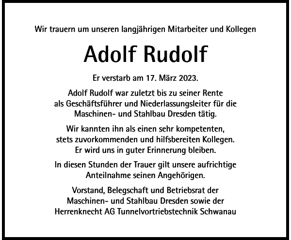 Adolf Rudolf Traueranzeige Sächsische Zeitung