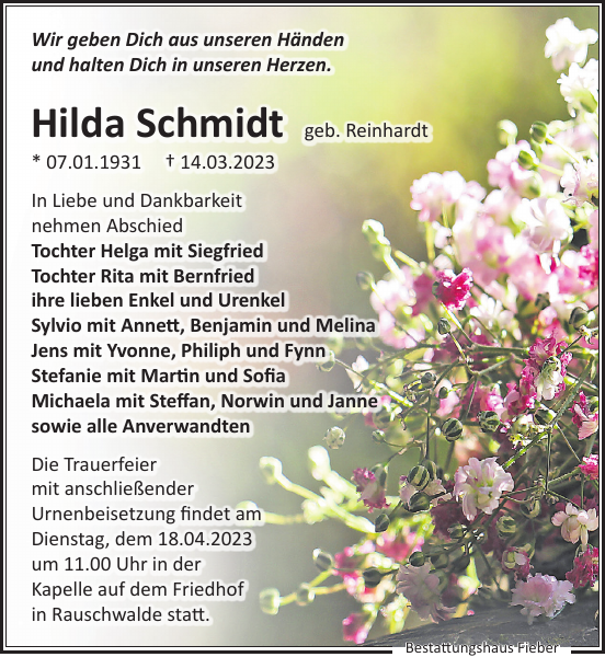 Hilda Schmidt Traueranzeige Sächsische Zeitung