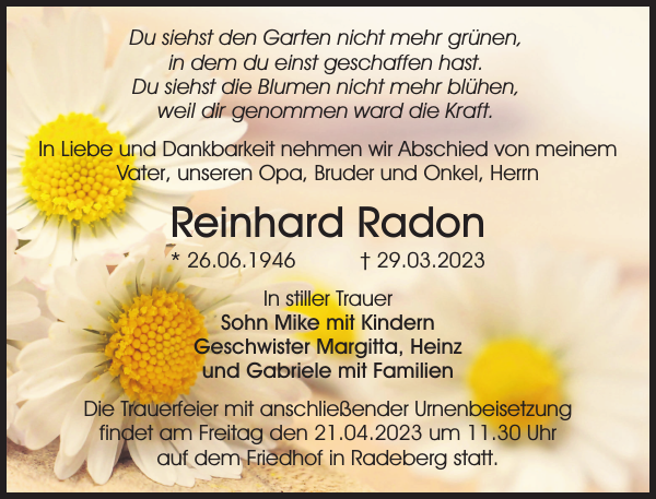 Reinhard Radon Traueranzeige Sächsische Zeitung