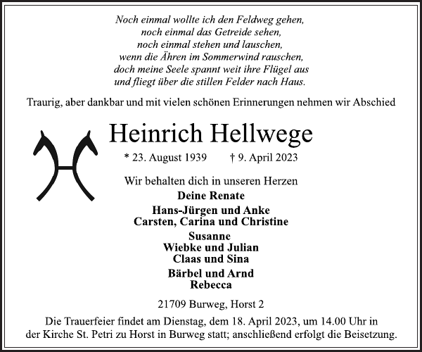 Heinrich Hellwege Traueranzeige Stader Tageblatt