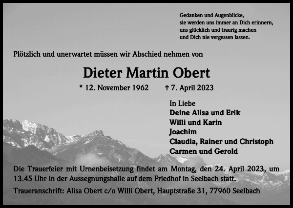 Dieter Martin Obert Traueranzeige Badische Zeitung