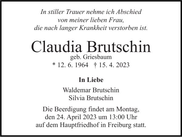 Claudia Brutschin Traueranzeige Badische Zeitung
