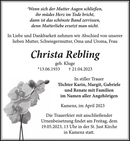 Christa Rebling Traueranzeige Sächsische Zeitung