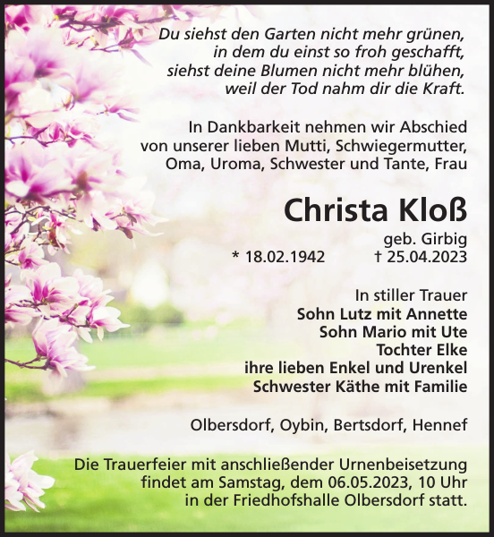 Christa Kloß Traueranzeige Sächsische Zeitung