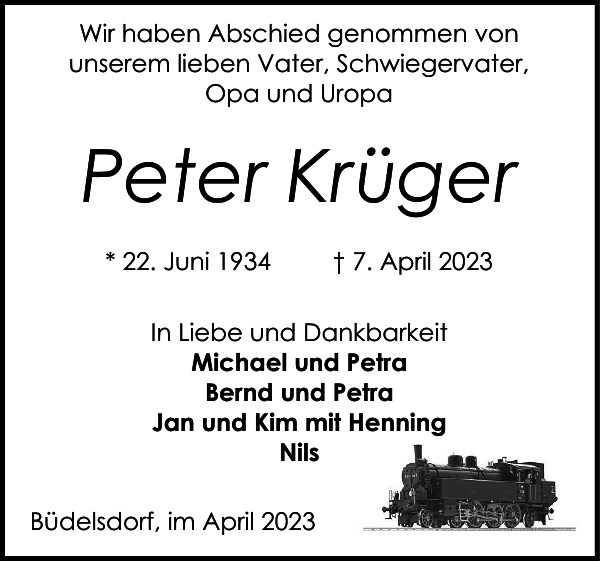 Peter Krüger Traueranzeige Landeszeitung