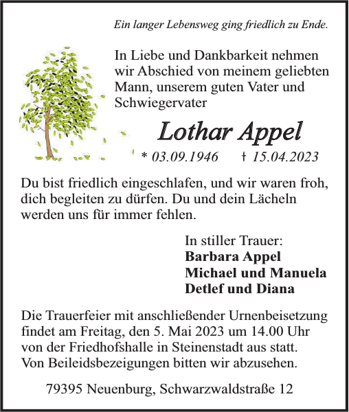 Lothar Appel Traueranzeige Badische Zeitung