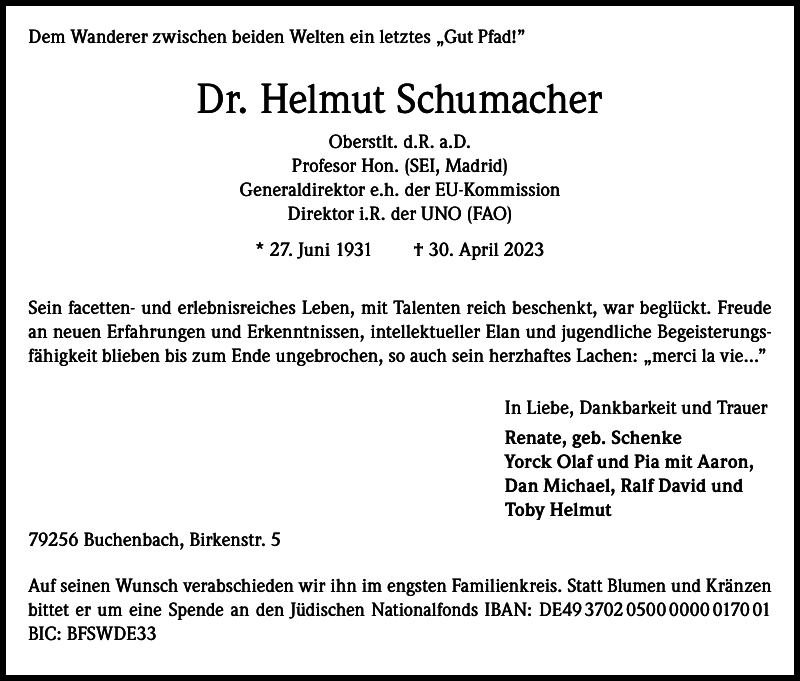 Helmut Schumacher: Traueranzeige : Badische Zeitung