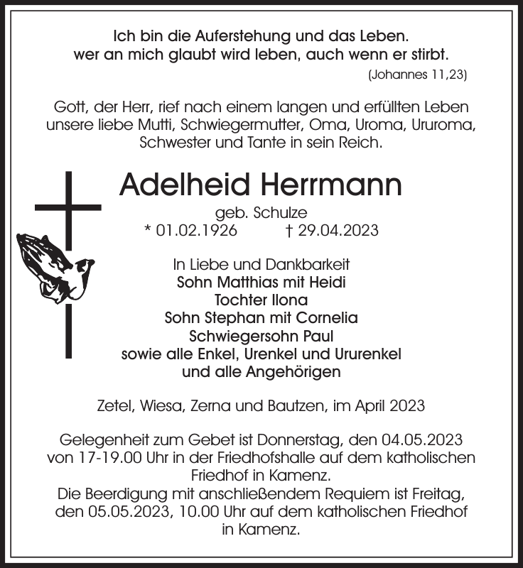 Adelheid Herrmann Traueranzeige Sächsische Zeitung