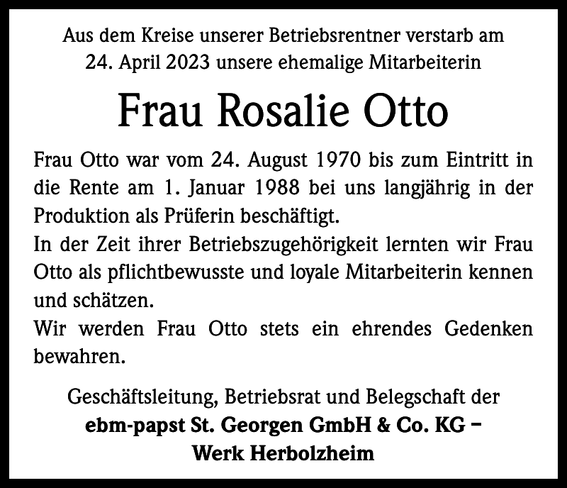 Rosalie Otto Nachruf Badische Zeitung