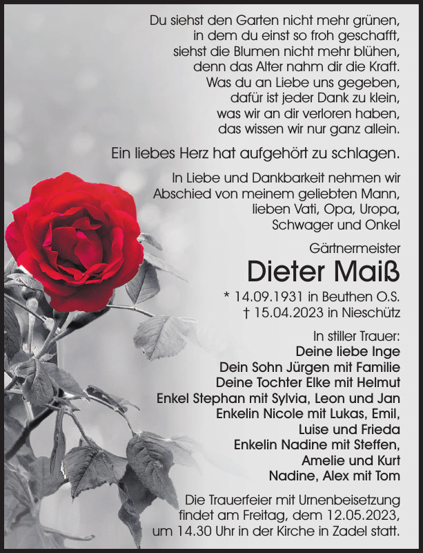 Dieter Maiß Traueranzeige Sächsische Zeitung