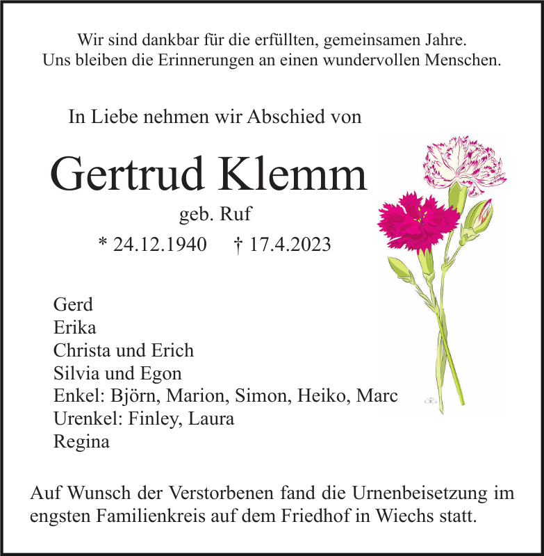 Gertrud Klemm Traueranzeige Badische Zeitung