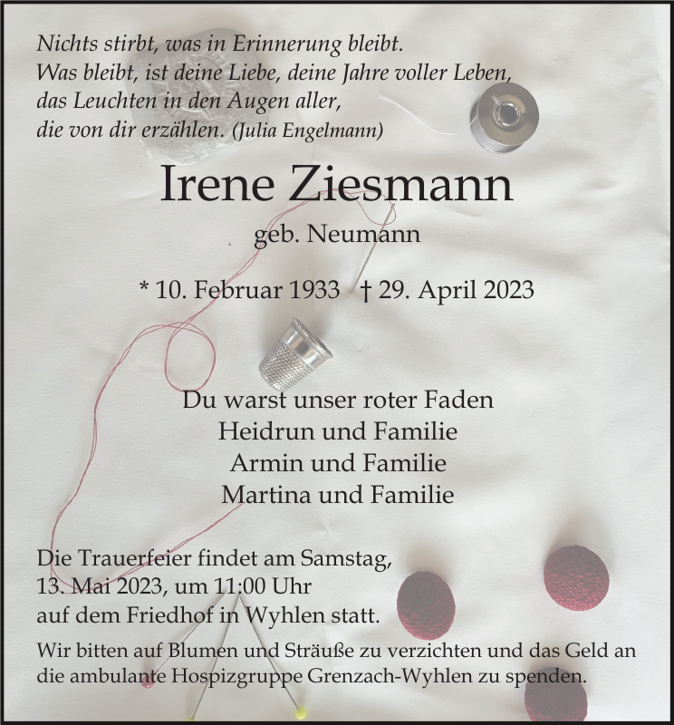 Irene Ziesmann Traueranzeige Badische Zeitung