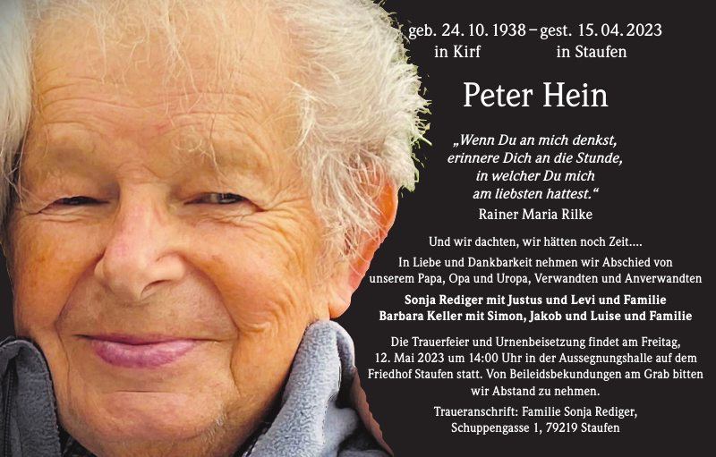 Peter Hein Traueranzeige Badische Zeitung