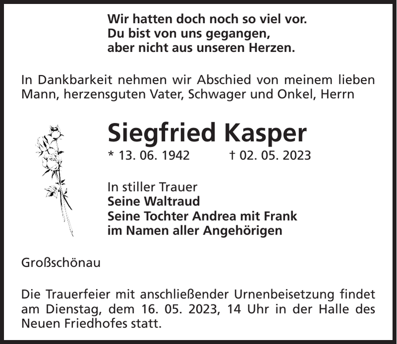 Siegfried Kasper Traueranzeige Sächsische Zeitung