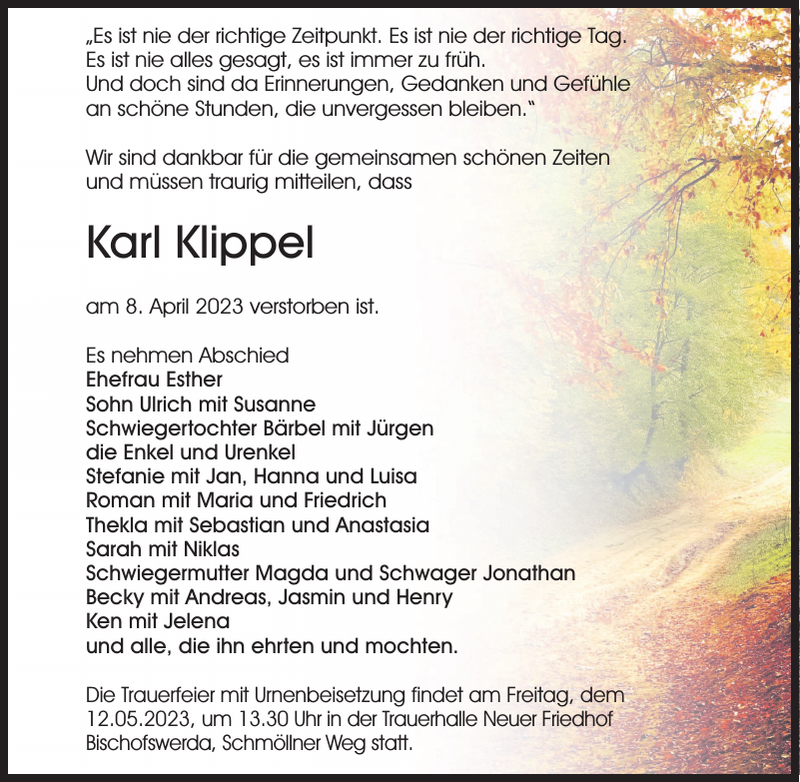 Karl Klippel Traueranzeige Sächsische Zeitung