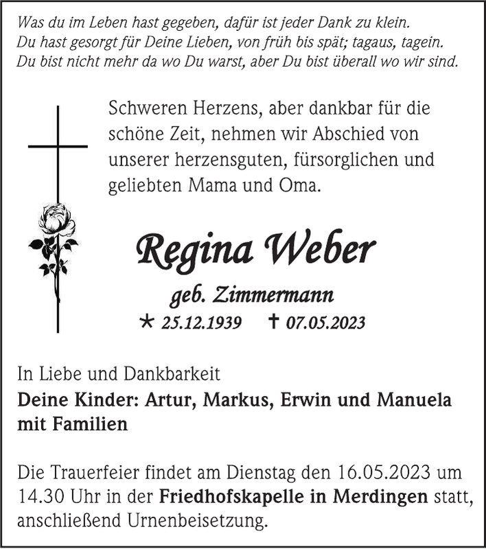 Regina Weber: Traueranzeige : Badische Zeitung