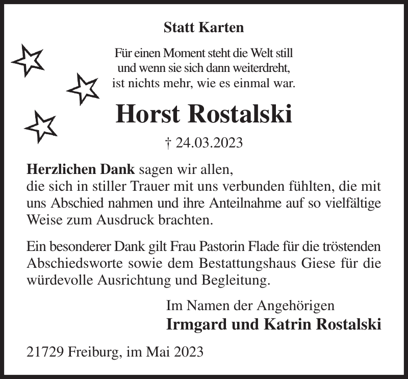 Horst Rostalski Danksagung Stader Tageblatt