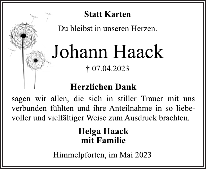 Johann Haack Danksagung Stader Tageblatt