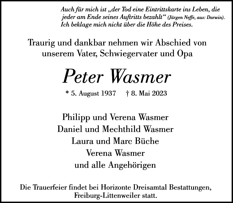 Peter Wasmer Traueranzeige Badische Zeitung