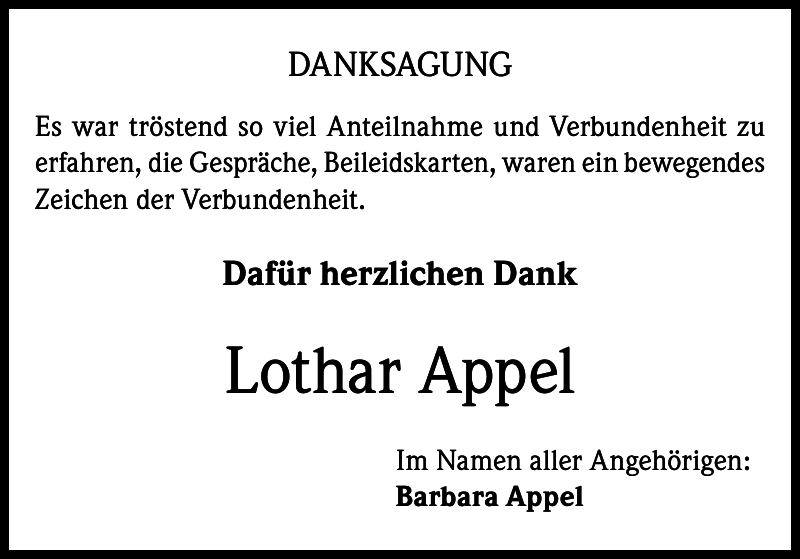 Lothar Appel Traueranzeige Badische Zeitung
