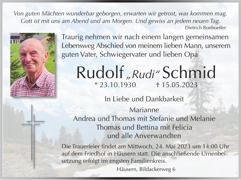 Rudolf Schmid : Traueranzeige : Badische Zeitung