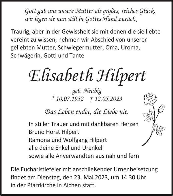 Elisabeth Hilpert: Traueranzeige : Badische Zeitung