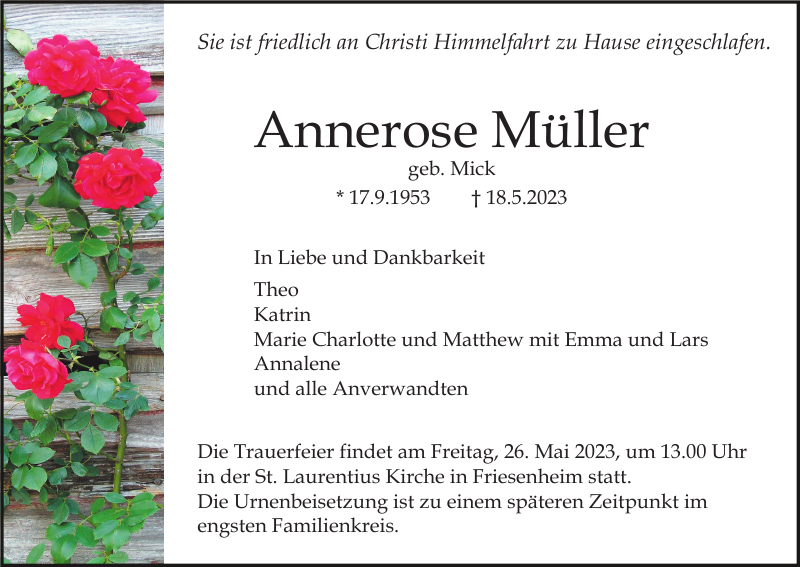 Annerose Müller Traueranzeige Badische Zeitung