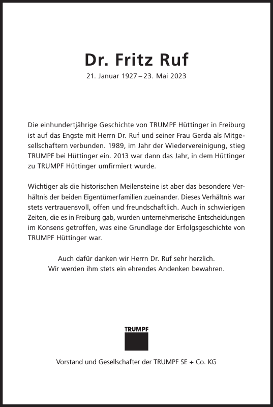 Fritz Ruf Traueranzeige Badische Zeitung