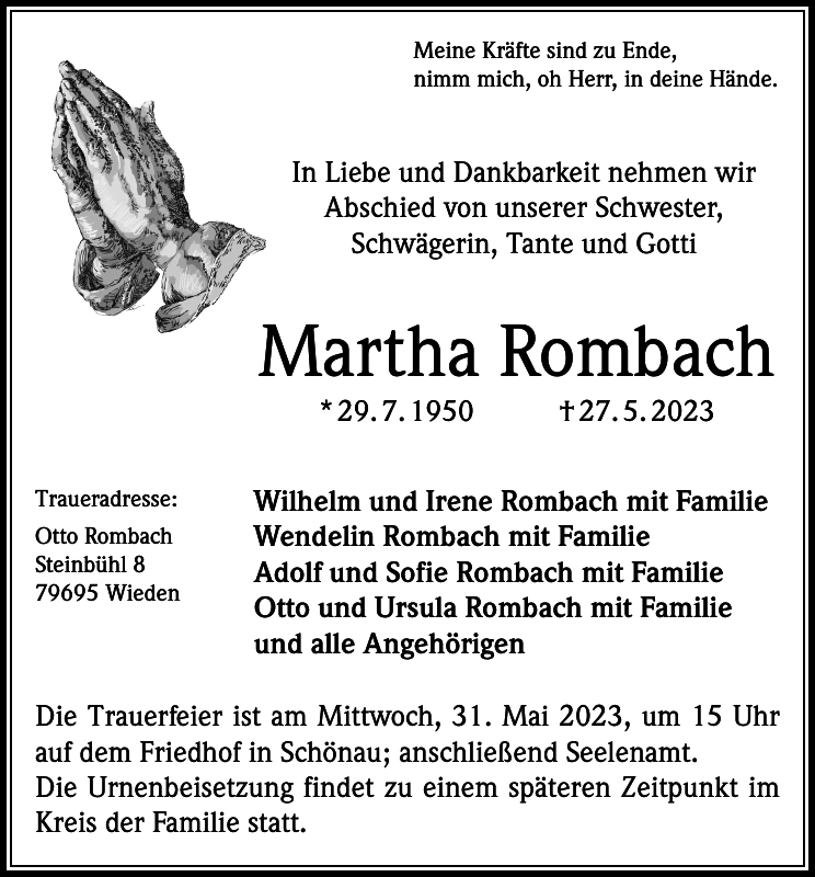 Martha Rombach Traueranzeige Badische Zeitung