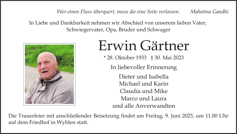 Erwin Gärtner Traueranzeige Badische Zeitung