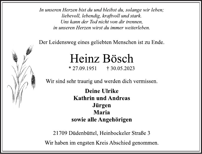 Heinz Bösch Traueranzeige Stader Tageblatt