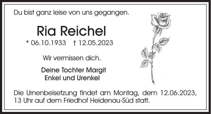 Ria Reichel Traueranzeige Sächsische Zeitung
