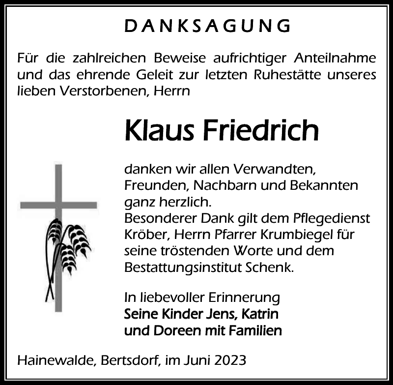 Klaus Friedrich Traueranzeige Sächsische Zeitung