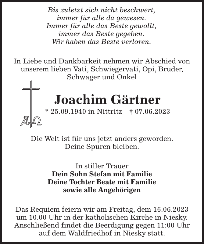 Joachim Gärtner Traueranzeige Sächsische Zeitung