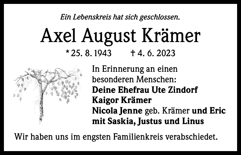 Axel August Krämer Traueranzeige Badische Zeitung