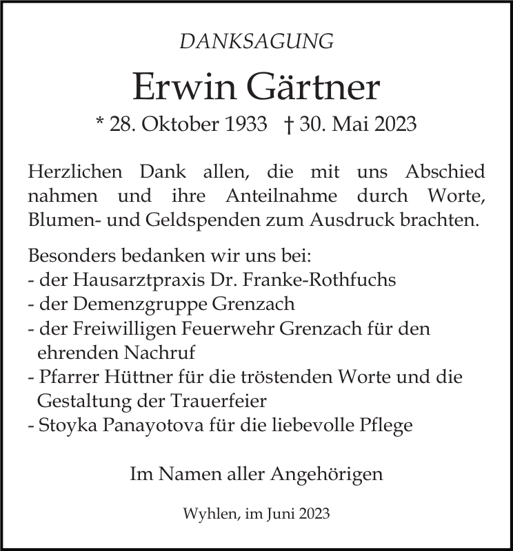 Erwin Gärtner Traueranzeige Badische Zeitung