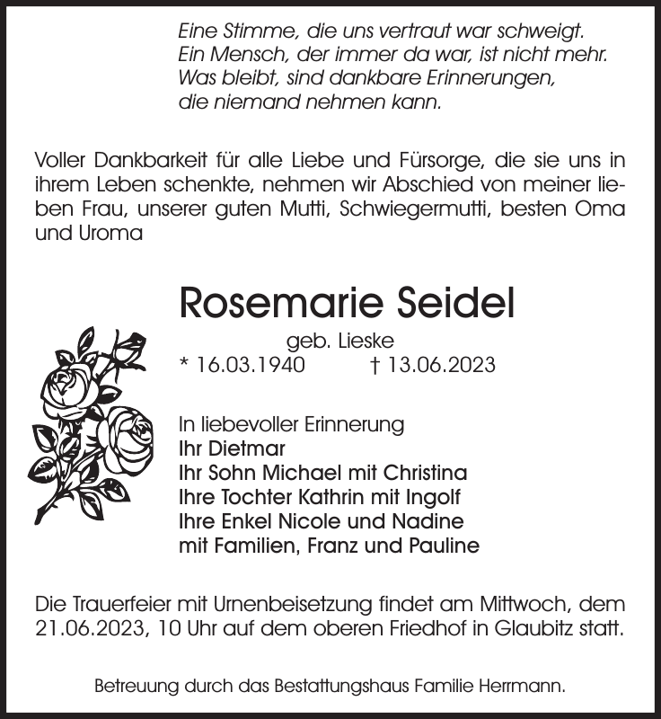 Rosemarie Seidel Traueranzeige Sächsische Zeitung
