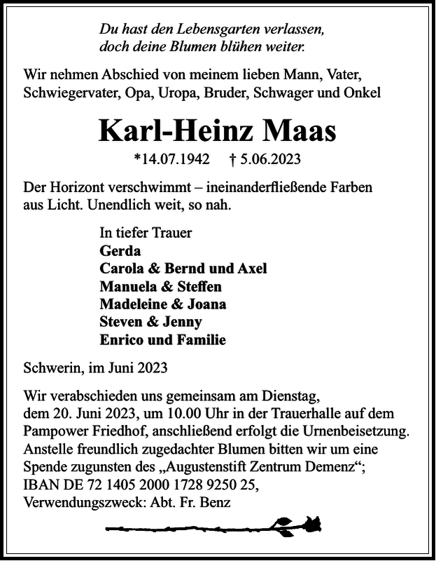 KarlHeinz Maas Traueranzeige Zeitung für die Landeshauptstadt