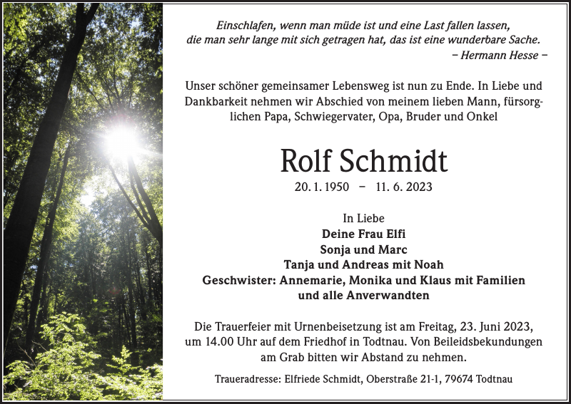 Rolf Schmidt Traueranzeige Badische Zeitung