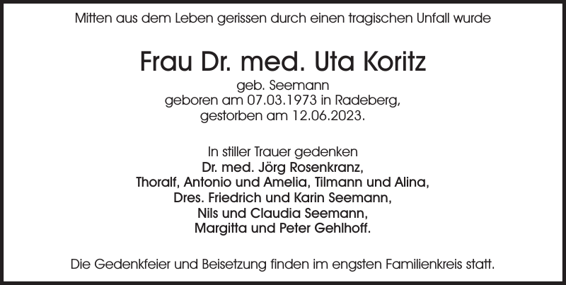 Frau Dr. med. Uta Koritz: Traueranzeige : Sächsische Zeitung