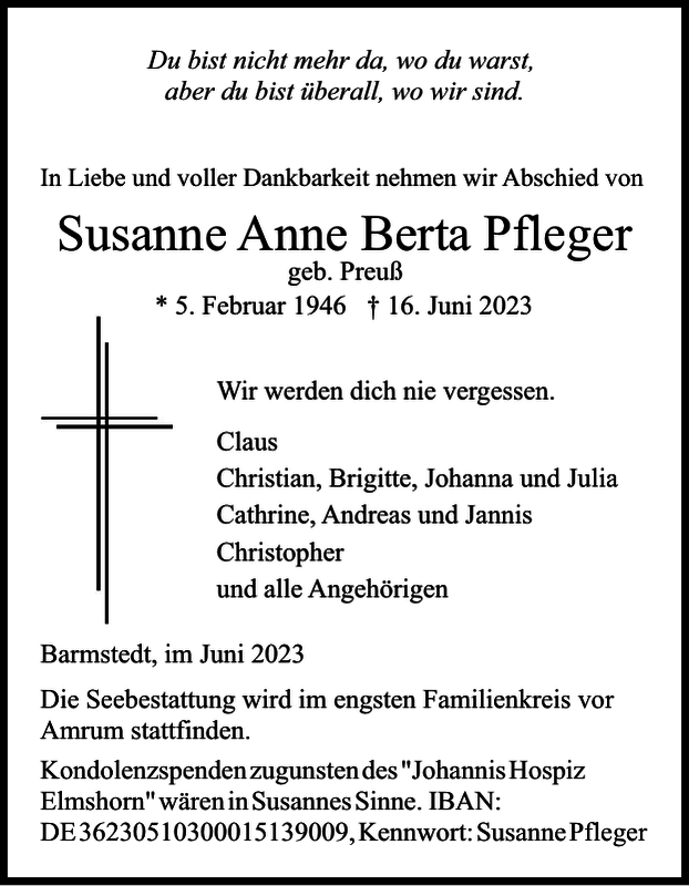 Susanne Anne Berta Pfleger Traueranzeige Elmshorner Nachrichten
