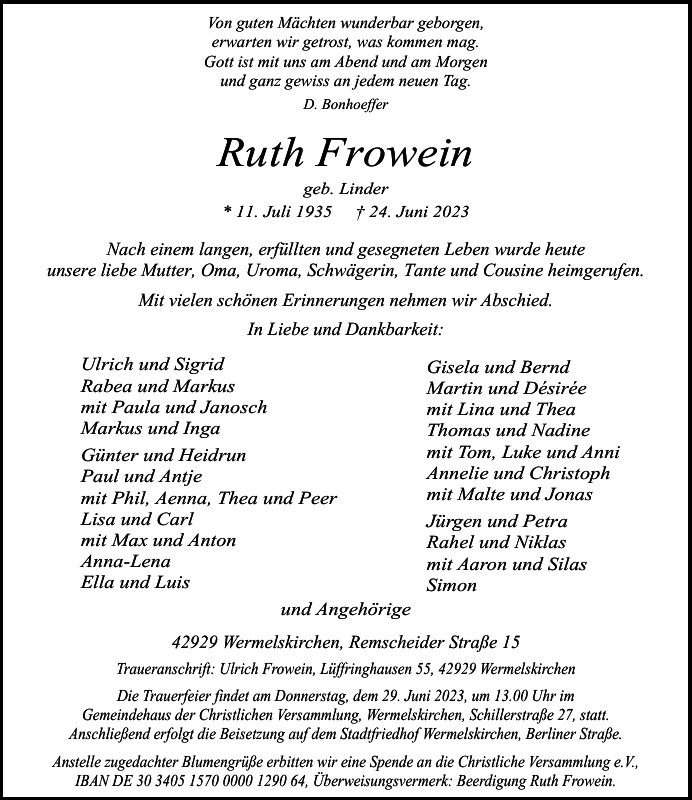 Ruth Frowein Traueranzeige Remscheider GeneralAnzeiger